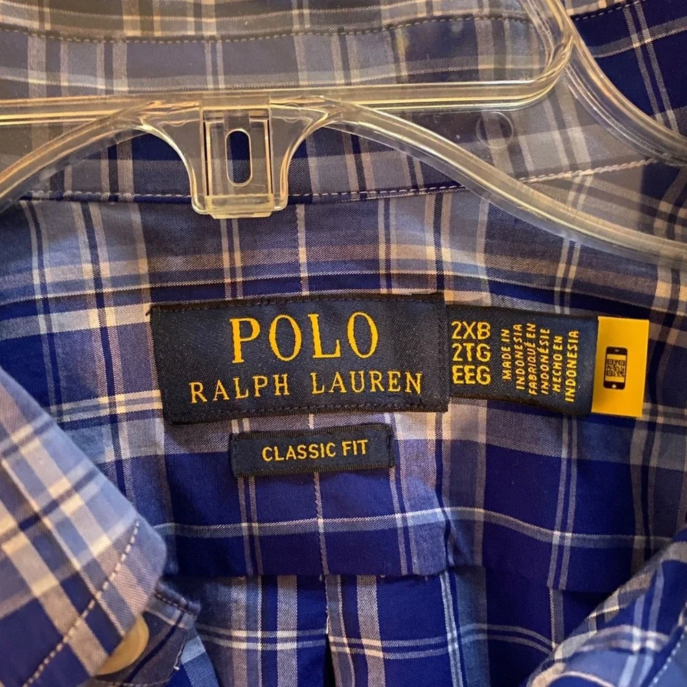 Polo Ralph Lauren Men 2XB Blue White Plaid Classic Fit Button Down Shirt Stretch